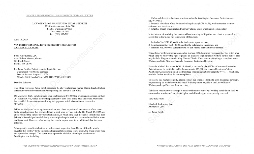 Sample Professional Washington Demand Letter