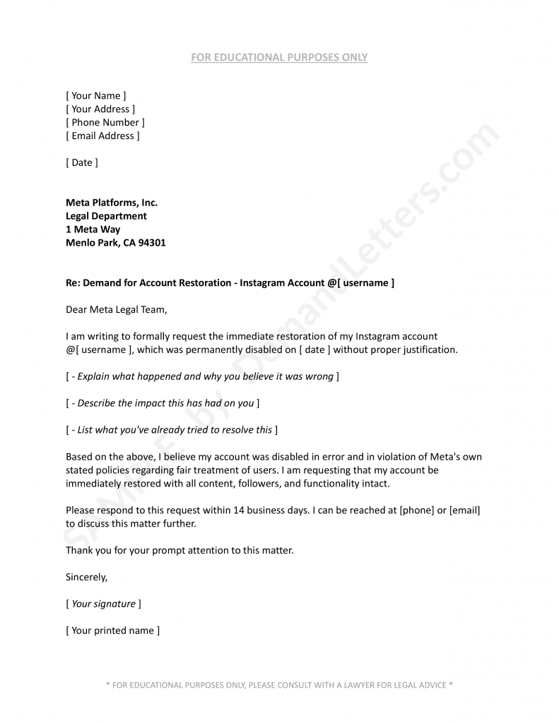 Sample Demand Letter to Unlock Your Meta Account